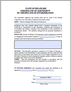 Delaware Certificate of Amendment Order Form - Delaware Business Incorporators, Inc.
