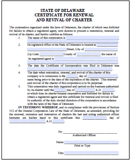 Renewal and Revival of Delaware Corporation Order Form | Delaware ...